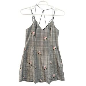 NWT Essue Grey Plaid Floral Embroidered Mini Dress Strappy Back V-Neck Size L